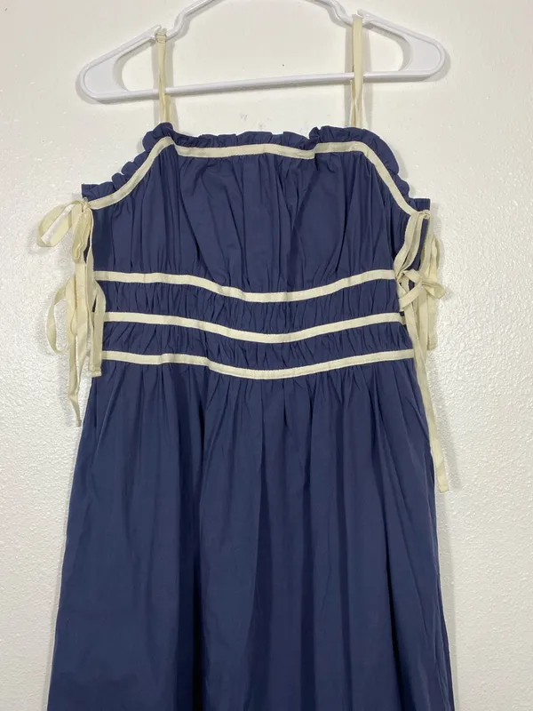 Navy Midi Dress with White Trim and Spaghetti Straps Size L 100% Cotton - Image 4
