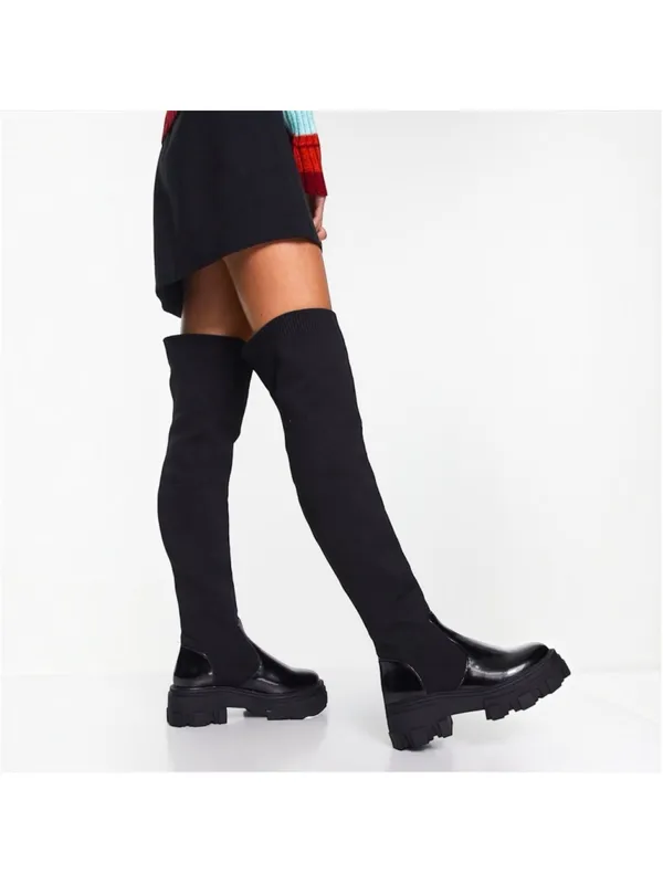 ASOS DESIGN Kimmy Chunky Flat Lug Sole Over The Knee Pull-On Boots Black Size 8 - Image 9