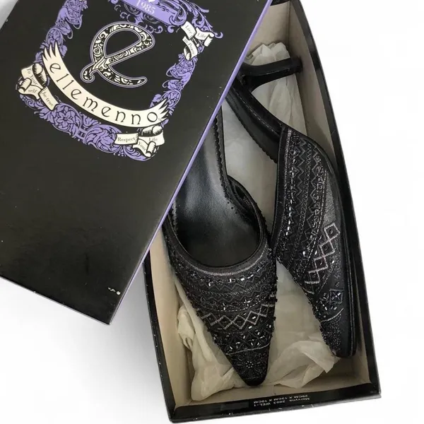 2000s Y2K Whimsygoth Romantic Coquette Black mules kitten heels pumps sequins beading genuine leather. Glamorous embellished pointed-toe sandals-Women’s size 8 Approx 2.5” kitten heels #coquette #twee #fairycore #whimsygoth #dark - Image 2