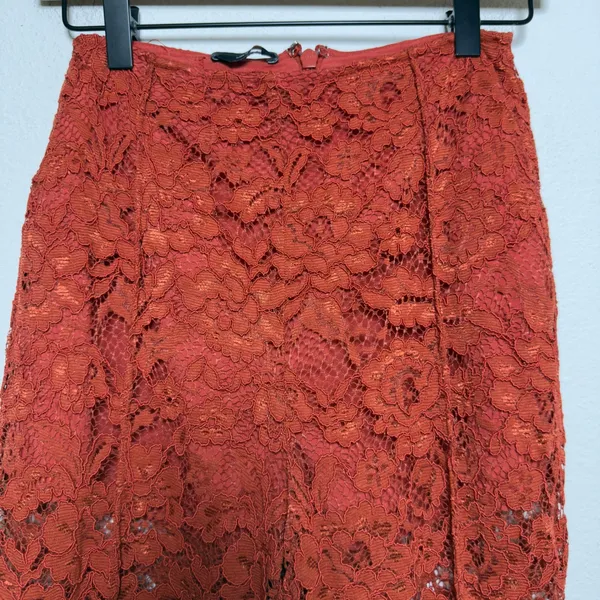 Bebe Women Embroidered Pants 2 Rust Orange‎ Floral Lace High Rise Flare Leg - Image 3