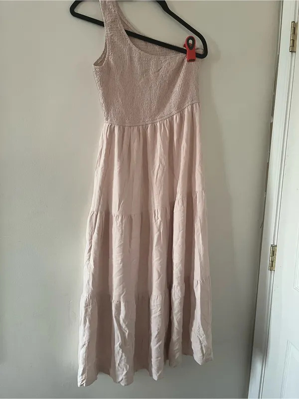 Blush Pink One Shoulder Midi Dress Medium Smocked Tiered Romantic Summer Wedding - Image 5