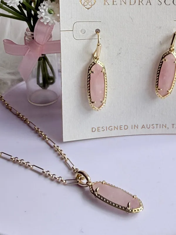 Kendra Scott Eva 14K Gold Over Brass Drop Earrings & Necklace-Rose Quartz - Image 3