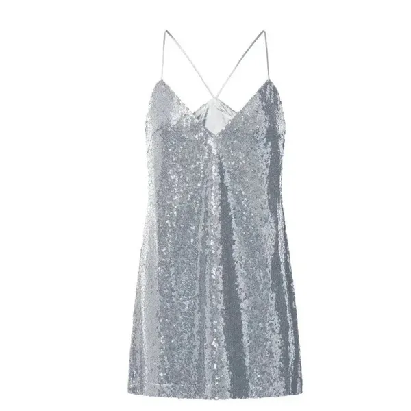 Delilaah Mini Dress Strappy V Neck Slip Sequin Dress In Silver Size 10 Nwt - Image 2