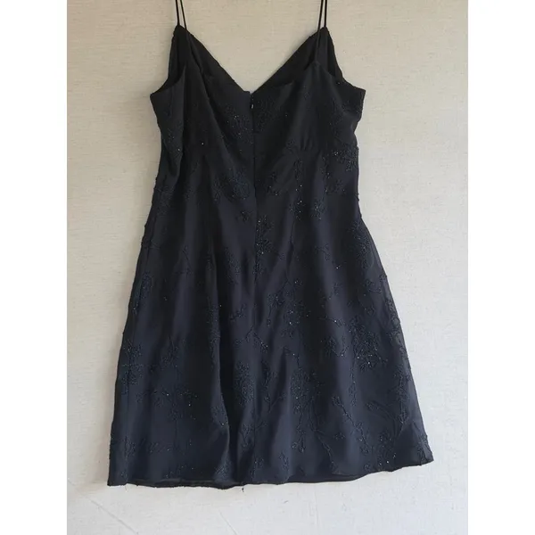 JSC Vintage 90s Black Beaded Floral Mini Dress Spaghetti Strap Size 14 Wrap Neck - Image 11