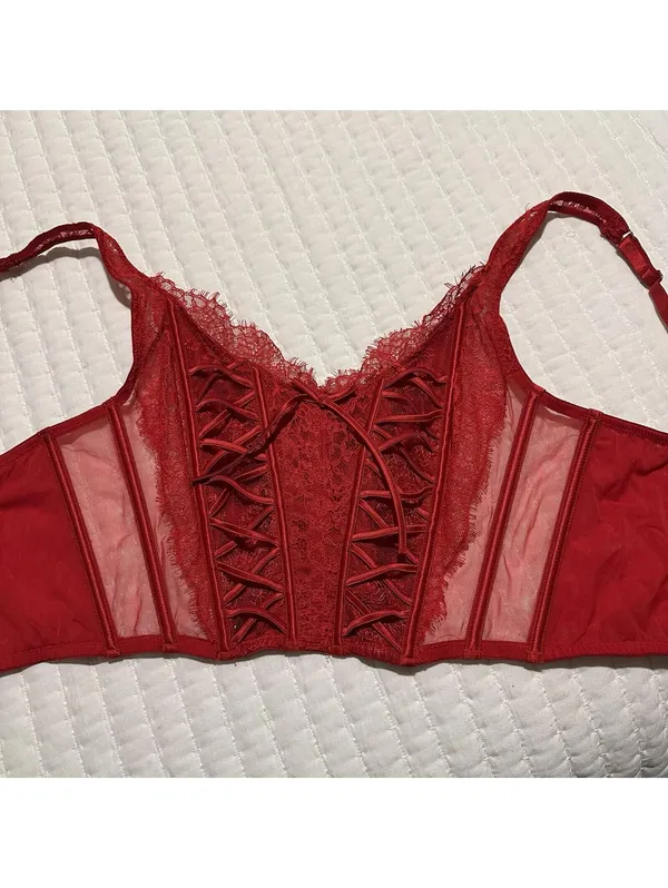 Victoria’s Secret Dream Angels Red Corset Bustier Long Line Bra Lace Sz M - DD - Image 9