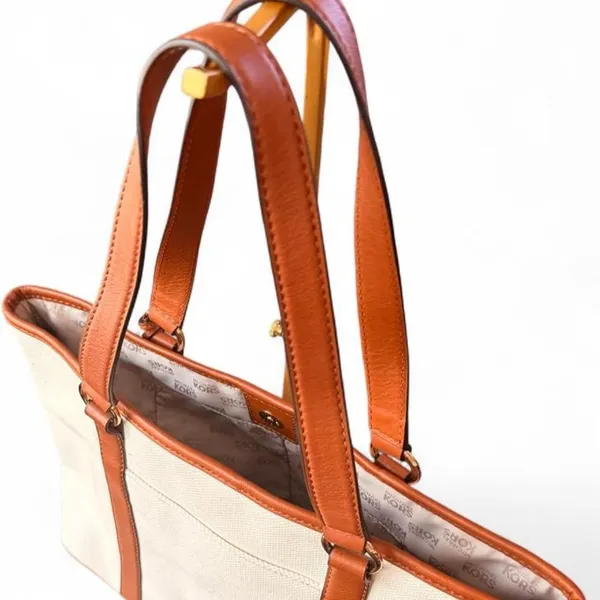 Michael Kors Jet Set Ivory Canvas Brown Leather Trim Tote Bag MK Charm - Image 3