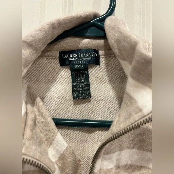 VTG Lauren Ralph Lauren Petite Small Beige‎ Striped Quarter Zip Cotton Pullover - Image 6