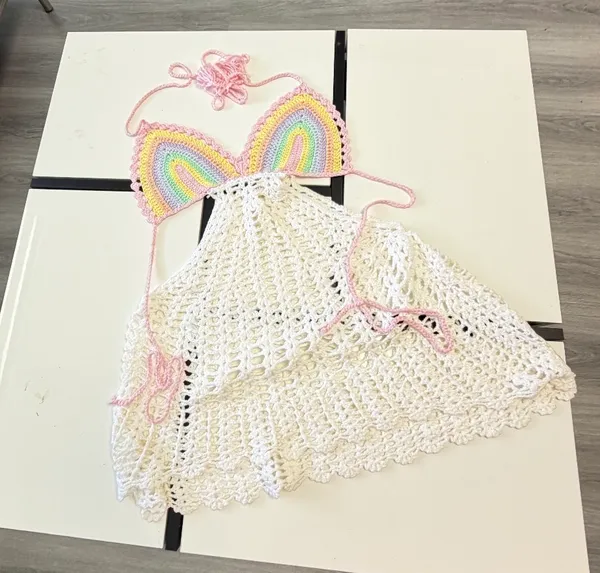 Love Tease ✨ Love Sense Crochet Rainbow Halter Mini Dress Cover Up S/M Pastel Festival Boho ✨ - Image 4