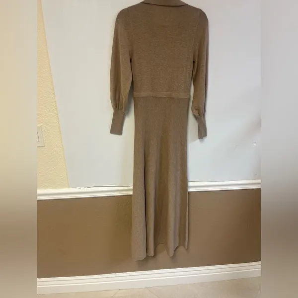 NICHOLAS Jade Midi Wool & Cotton Collared V Neck Long sleeve dress Oat Size‎ XS - Image 7