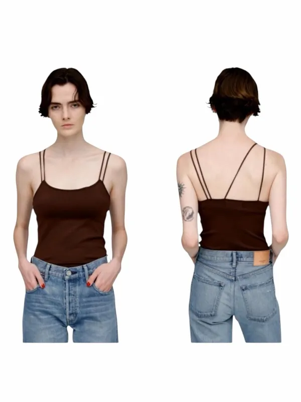 Moussy Vintage Tank Top Women XS Brown Asymmetric Strap Cut‎ Off Camisole Cami - Image 2