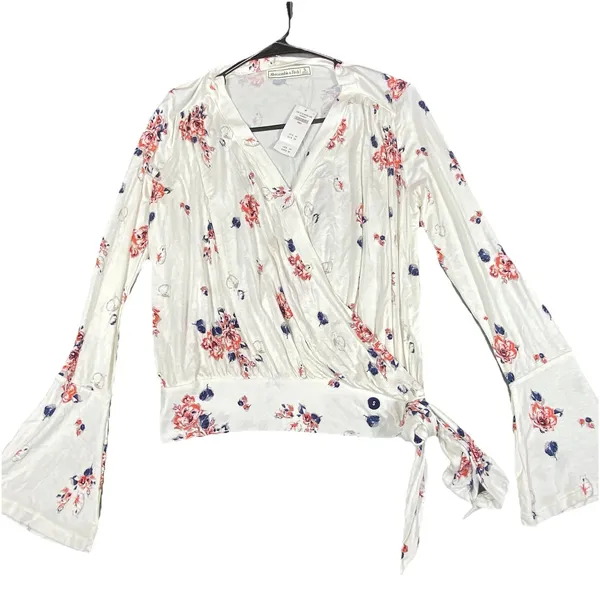 NWT Abercrombie & Fitch Women's White Floral Long Sleeve Top‎ Small Wrap Tie - Image 2