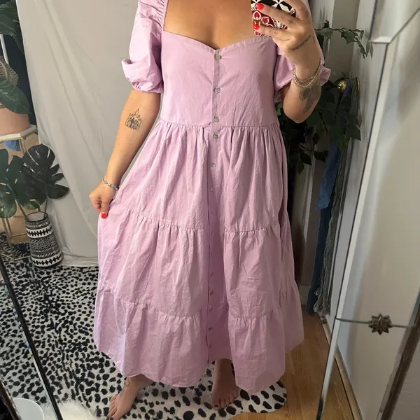Bershka Puff Sleeve Tiered Poplin Maxi Dress Shirt Purple Size Medium - Image 2