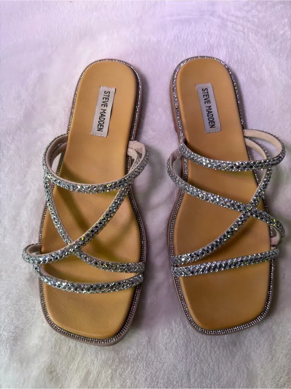 Steve Madden Silver Crystal Strappy Slide Sandals - Image 4