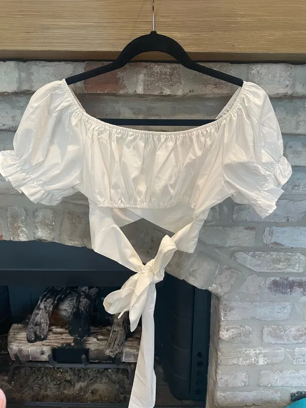 Cropped Puff Sleeve Tie Top in White Size L - Image 3