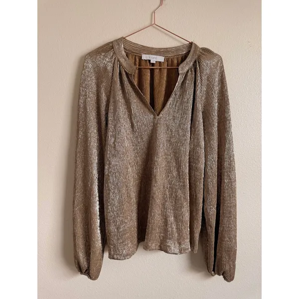 Loft Blouse Size S Gold‎ Pleated Metallic V-Neck Balloon Sleeve Shimmer NYE - Image 3