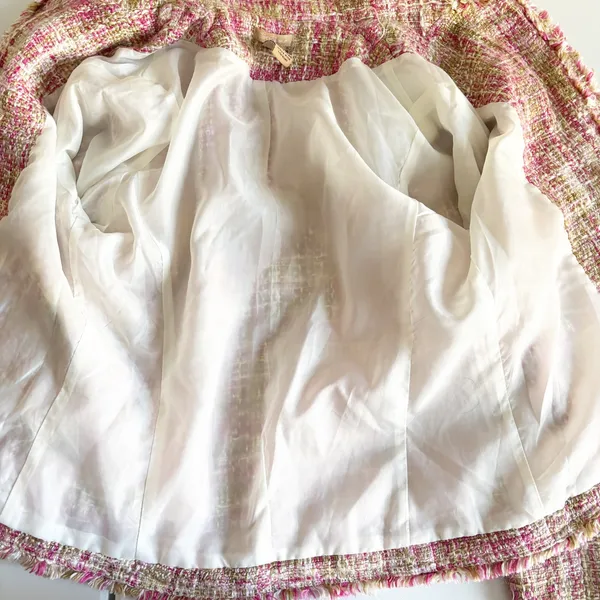 Forever 21 Womens Pink Y2K Tweed Frayed Raw Edge Preppy Academia Blazer Jacket L - Image 7