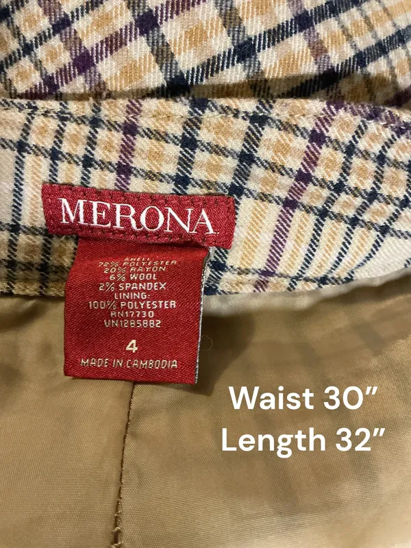 Merona Plaid Pencil Skirt Size 4 High-Waisted Wool Blend Tan Beige Zippe - Image 3