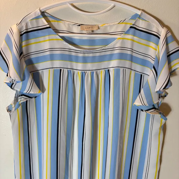 Loft Striped Flutter Sleeve Blouse Size XL Blue Yellow - Image 2
