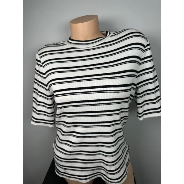 Maeve‎ Anthropologie Medium Womens Top Stretch Black White Short Sleeve Striped - Image 11
