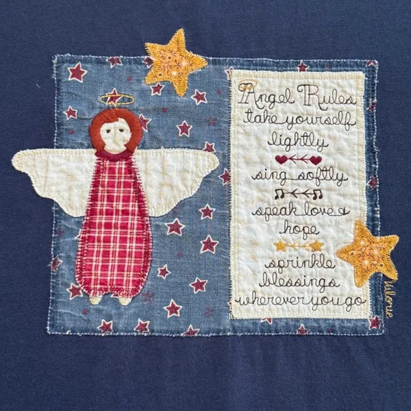 Vintage Valories Folk Art Applique Blue Shirt Angel Rules Hearts L USA 80s 90s - Image 2