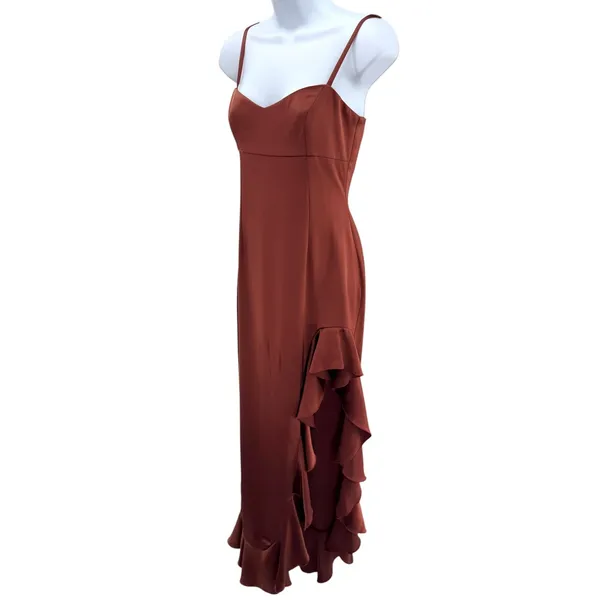 Nookie Sasha Gown Mocha Leg Slit Ruffle Satin Maxi‎ Dress Size XS Formal Glam - Image 2