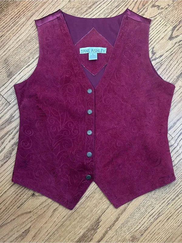 VTG 80’s 90’s Jane Ashley Burgundy Leather Satin Snap Front Vest BOHO Size S - Image 11