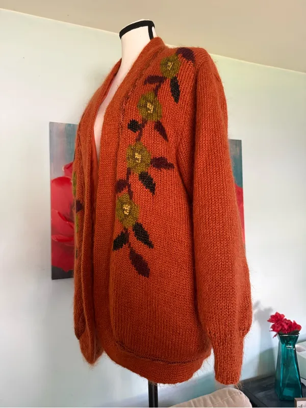 Vintage 80's Sai Sai Cardigan Women's Mohair Sweater Orange Floral L Large Lined - Image 3