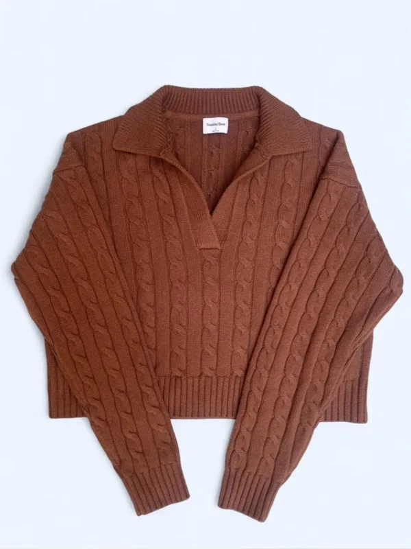 Aritzia Sunday Best Cable Knit Cropped Sweater Brown Luxury Capsule Wardrobe S - Image 3
