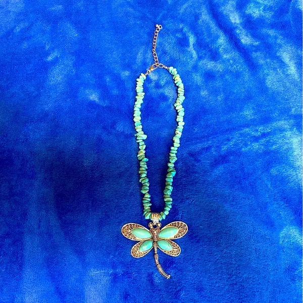 Boho Retro Inspired Dragonfly Vibrant Blue Hue Genuine Turquoise Accent Necklace - Image 6