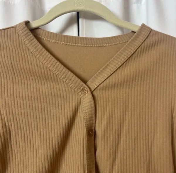 Khaki Brown V-Neck Button Up Slim Fit Cotton Cardigan Top Size Large - Image 2