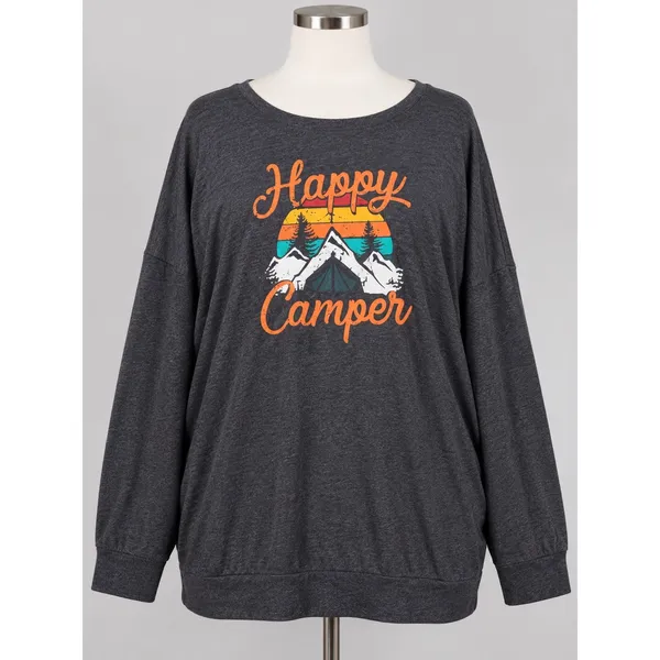 Happy Camper Graphic Sweatshirt Charcoal Grey Long Sleeve XXL Camping Hiking - Image 2