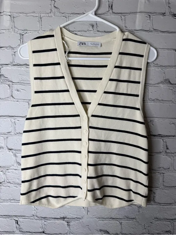 ZARA Cream & Black Striped Knit Button Front Vest size large - Image 4