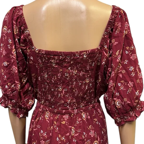 Mod Lusive Rayon Burgundy Floral Print Smocked Back Puff Sleeve Maxi Dress XL - Image 6
