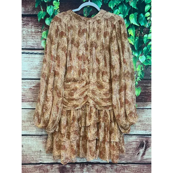 Anthropologie Ella Dress Sz 14 Floral Mini Tiered Ruffle Balloon Sleeve Gold - Image 4