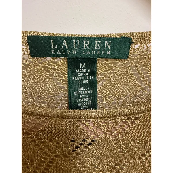 Lauren Ralph Lauren‎ Gold Metallic Pointelle Knit Crochet Sweater Top Womens M - Image 4