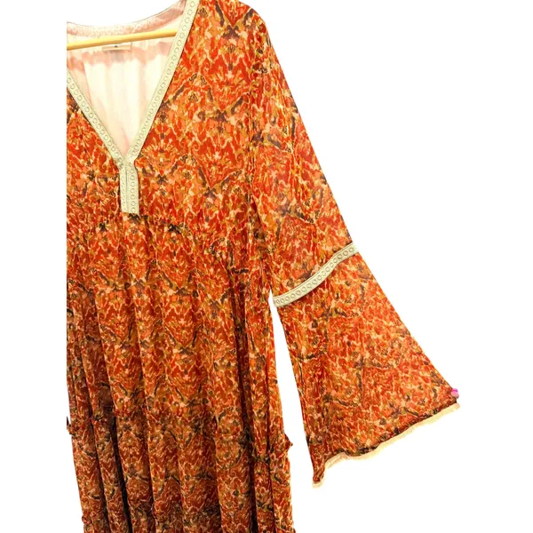 Talisman Boho Maxi Dress XL‎ Orange Terracotta Paisley Bell Sleeve Festival Gown - Image 5