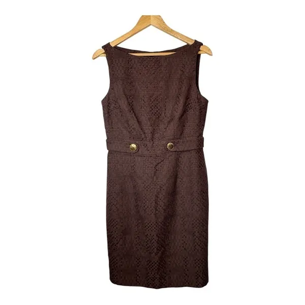 Milly Bark Brown Textured Sheath Dress Womens 8 Gold‎ Button Open Back Mod NWT - Image 3