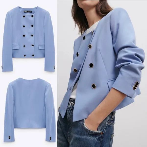 Zara NWT‎ Cropped Blazer L Blue Double Breasted Collarless Gold Button Jacket - Image 2