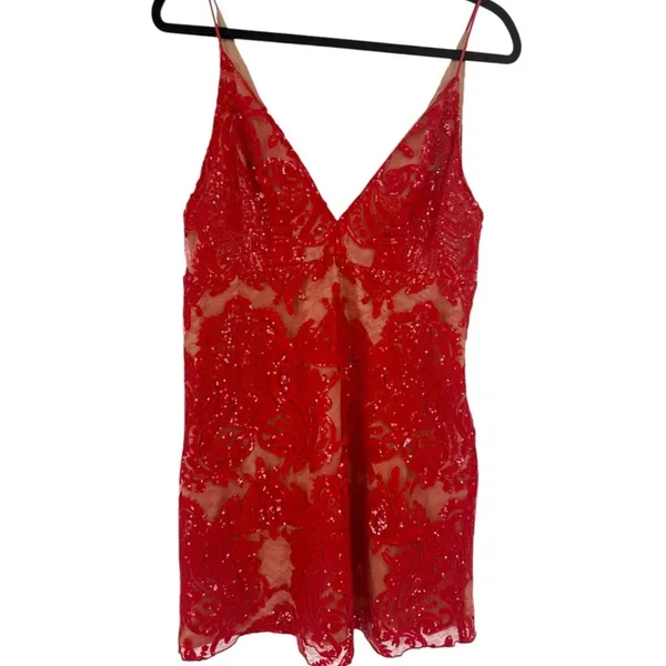 NWT Free People Night Shimmers Mini Dress Red Lace Sequin V Neck Size 10 Glam - Image 5