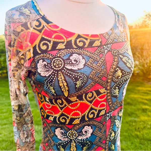 Vocal Rhinestone Embellished Mesh Top | Boho Y2K Graphic Print Long Sleeve M - Image 7