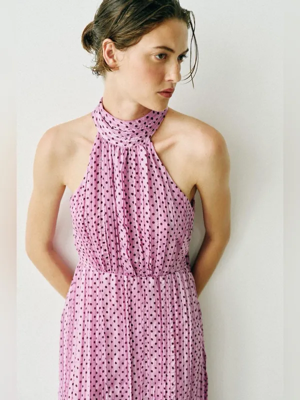 NWT Zara Polka Dot Halter Neckline Midi Pleated Satin Bloggers Fave Dress - Image 5
