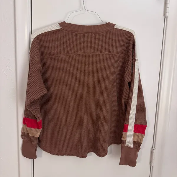 Womens Small Offline Wow! waffle notch neck brown long sleeve pullover t-shirt - Image 3