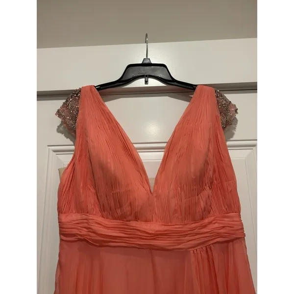 MAC DUGGAL Size 16 Coral Gown Wedding Formal Ball Gown Pleated Bodice Sequins - Image 3