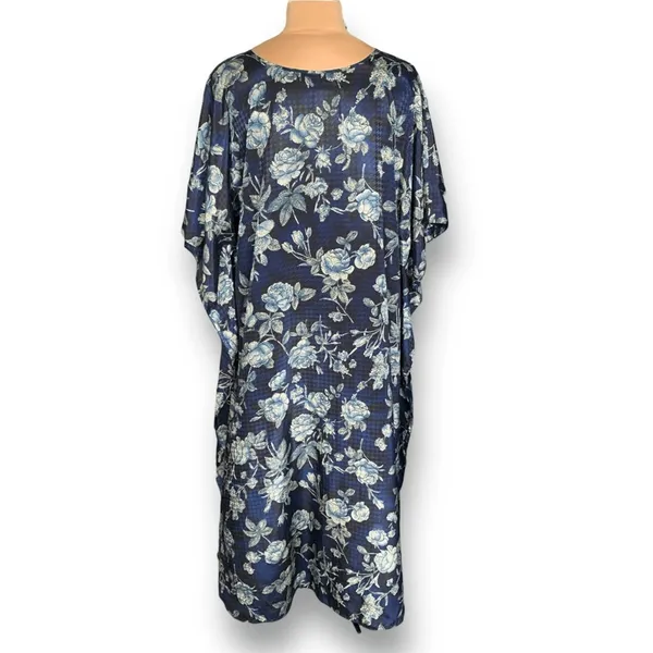 Vintage California Dynasty Blue Floral Caftan‎ Dress Boho Midi Resort Lounge - Image 7