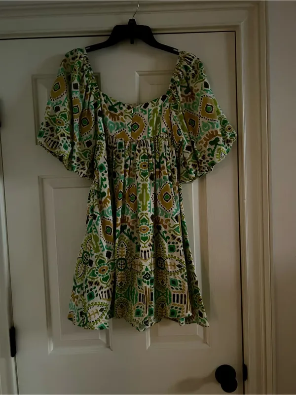 vestique Green, White and Brown Printed Peasant Dress - Image 2