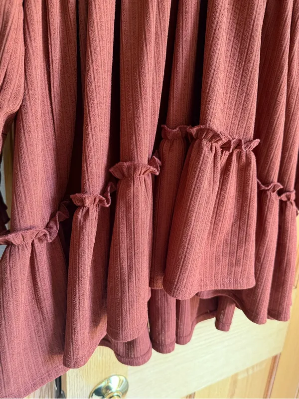 Altar’d State Smocked V-Neck Tiered Ruffle Mini Dress Rust Brown Orange Boho M - Image 4
