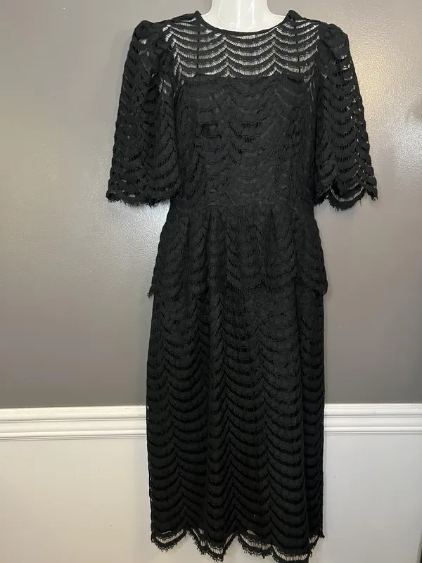 Vintage Kappi Dress Womens Small Black Lace Peplum Midi Cocktail Made USA 80s - Image 2