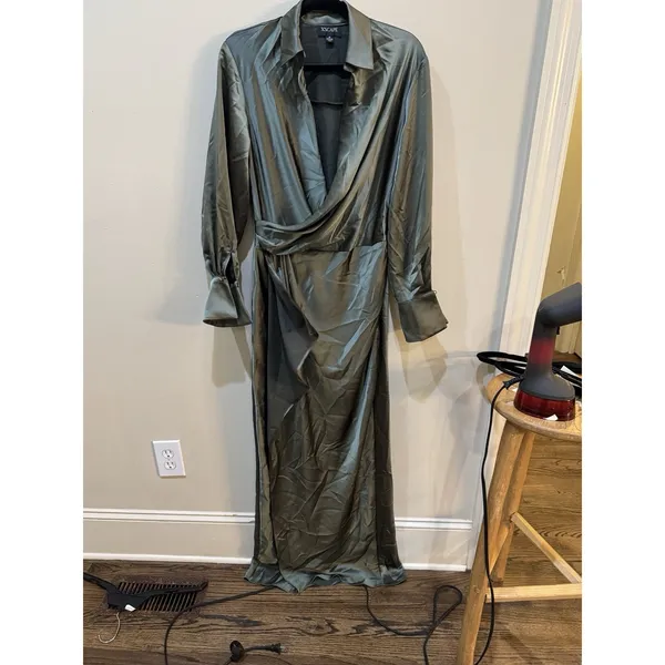 Xscape "EMERY" SATIN LONG SLEEVE COLLARED DRESS Size 8 Green - Image 5