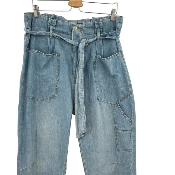 Free People Belted Denim Utility‎ Pants In Blue Haze Denim Chambray Size 30 - Image 4