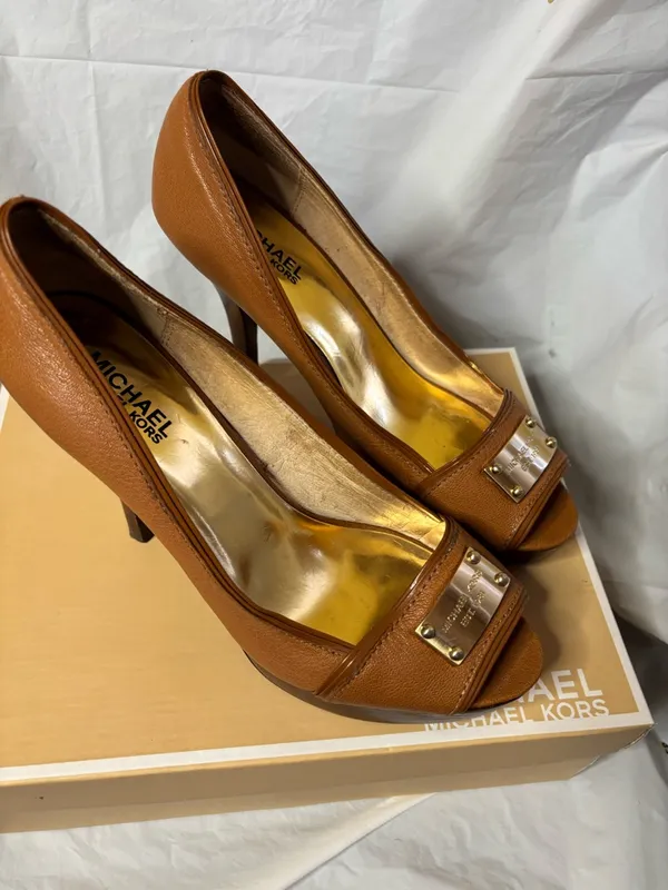 Michael Kors Cognac Leather Peep-Toe Platform Pumps - Image 4